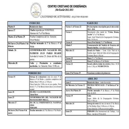 Calendario 2 do.semestre para los padres