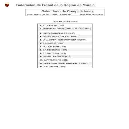 Calendario 2ª juvenil Grupo I - 2016/17