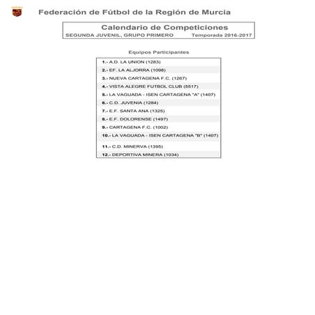 Calendario 2 juvenil Grupo I 2016 17