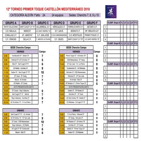 Calendario Alevín 1º Torneo Primer Toque 2018
