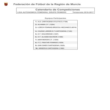 Calendario Autonómica Femenina Grupo I  2016 17