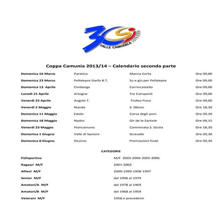 Calendario coppa camunia 2014