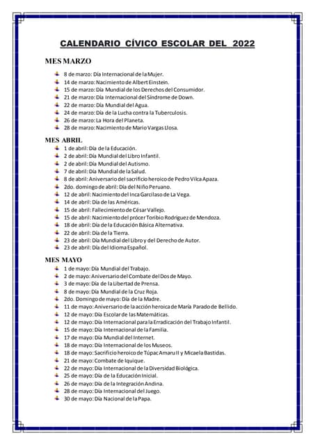 Calendario cívico escolar completo 2020