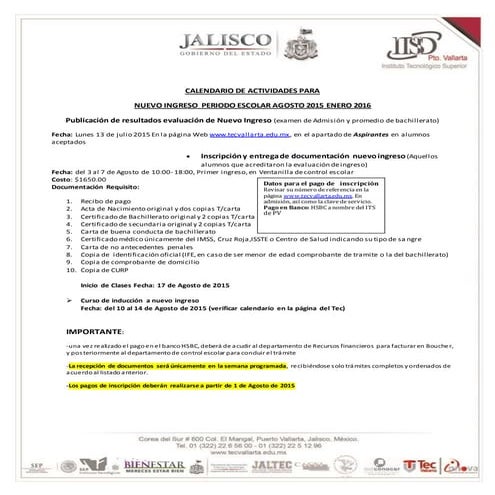 Calendario de actividades de nuevo ingreso agosto enero 2016