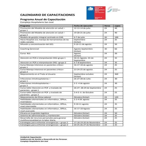 Calendario de capacitaciones | DOCX
