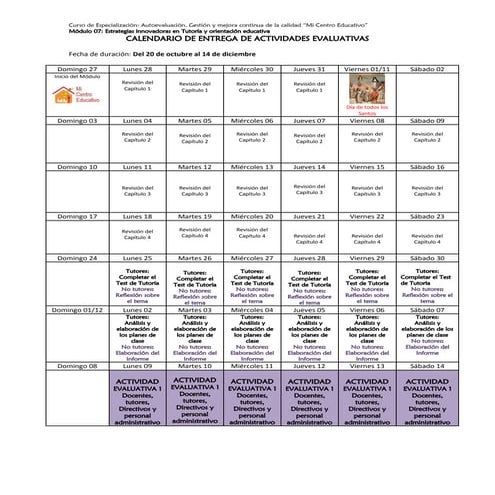 Calendario de entrega de acitividades evaluativas  tutoría