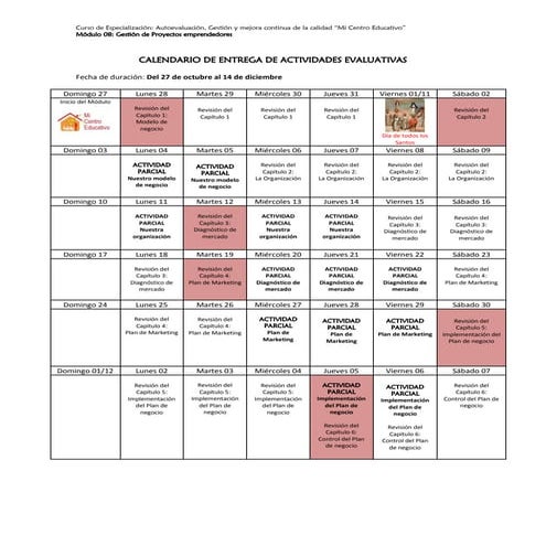 Calendario de entrega de actividades evaluativas módulo 8