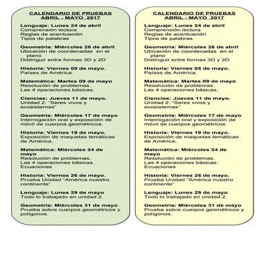 Calendario de pruebas abril mayo 2017