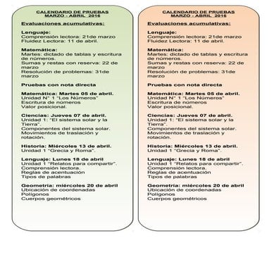 Calendario de pruebas marzo   abril 2016