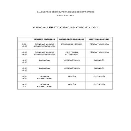 Calendario de recuperaciones de septiembre (2015/