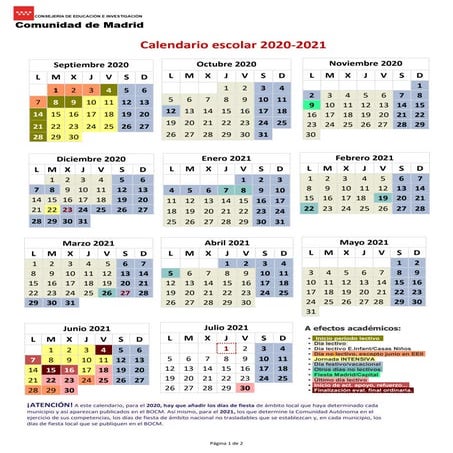 Calendario escolar 2020-2021.