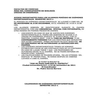 Calendario exámenes departamentales...
