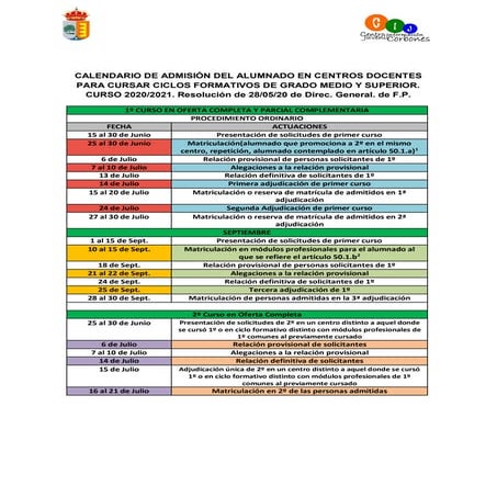 CALENDARIO GRADOS FP MEDIO Y SUPERIOR 2020-21