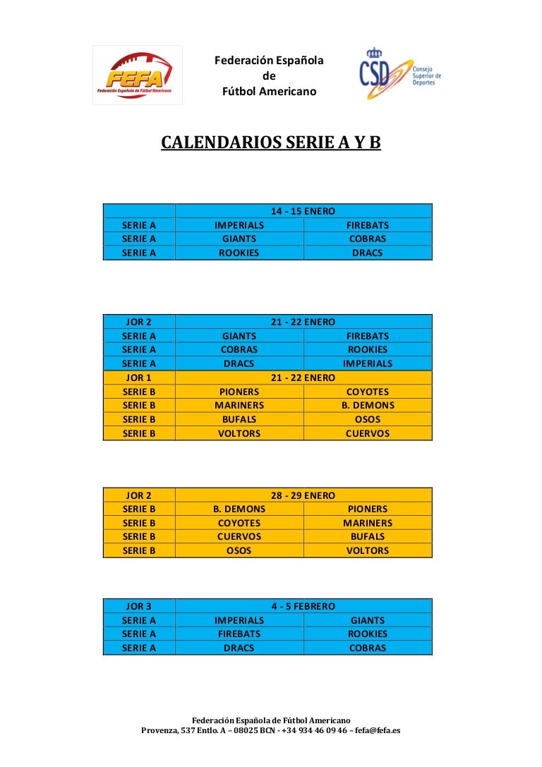 Calendarios LNFA Serie A y Serie B 20162017
