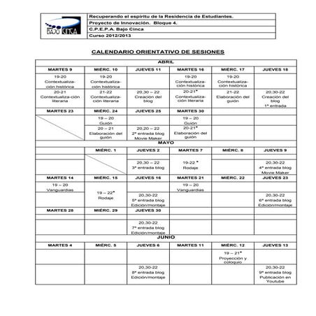 Calendario orientativo sesiones