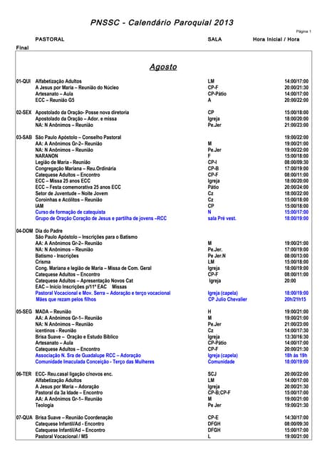 Calendario pastoral 2013 -agosto