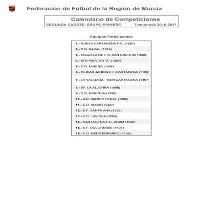Calendario Segunda Cadete Grupo I, 2016/17