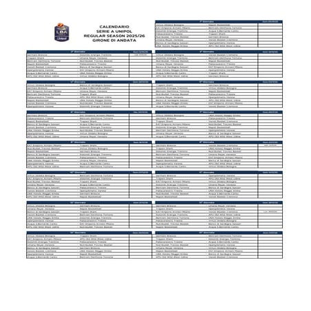 Calendario Serie A Unipol basket 2025 - 202626