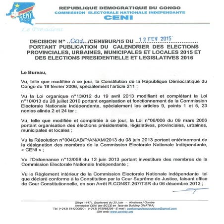 Calendrier eléctoral global RDC-2016