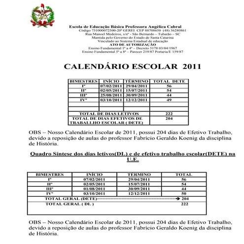  Calendário