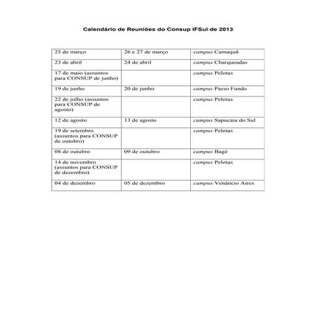 Calendário consup if sul 2013