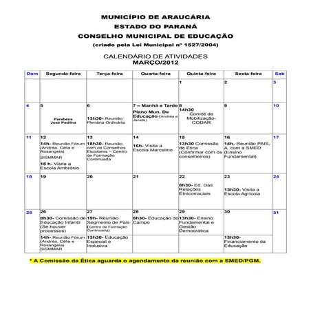 Calendário de Atividades - aprovado março 2012