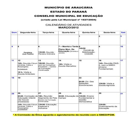 Calendário de Atividades  Março 2012