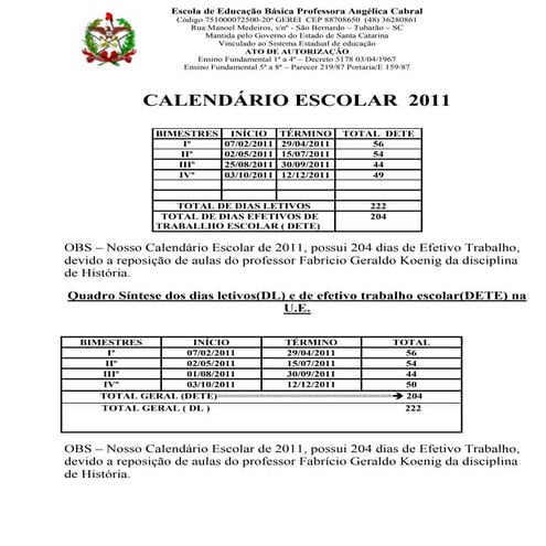 Calendário escolar 2011