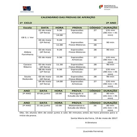 Calendário provas aferição 2017