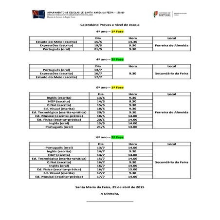 Calendário provas a nível de escola