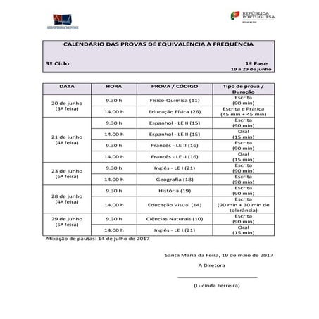 CALENDÁRIO DAS PROVAS DE EQUIVALÊNCIA À FREQUÊNCIA - 3º ciclo