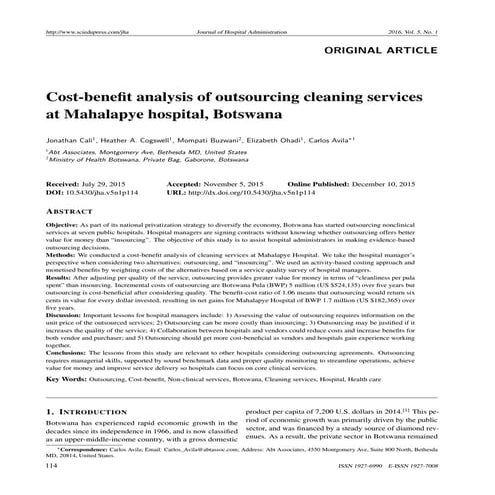 Cost-Benefit Analysis of Outsourcing Cleaning Services at Mahalapye Hospital,...