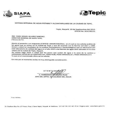 Calidad de Agua Municipio de tepic, estado de Nayarit, Julio 2013   INFOPLACITUM