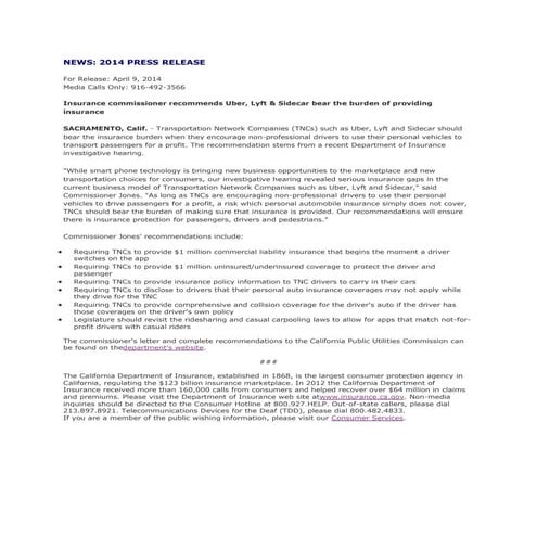 State insurance agency ridesharing warnings: California insurance release