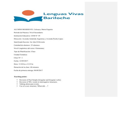 Secondary Level - Class Plan 1
