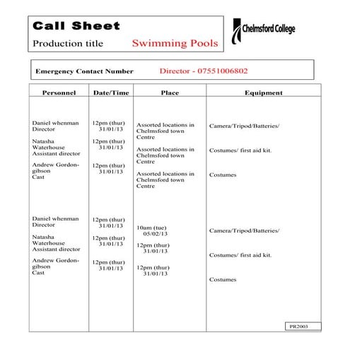 Call sheet