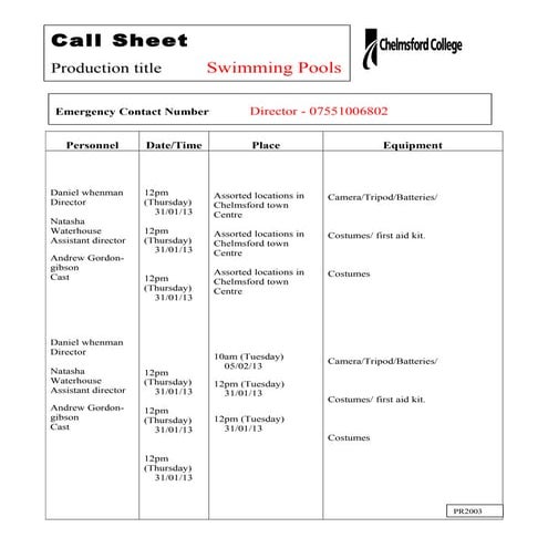 Call sheet