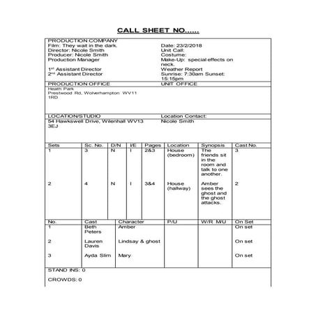 Call sheet | DOCX