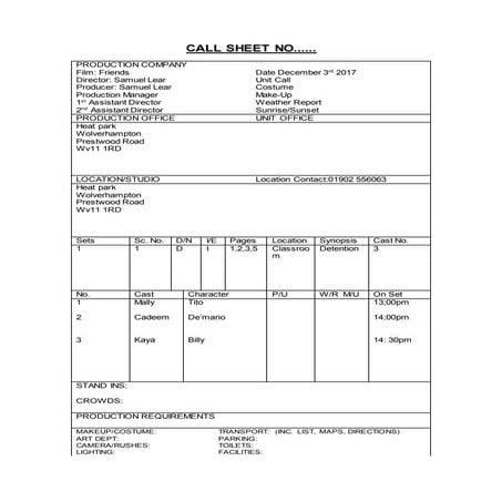 Call sheet-no 3 | DOCX