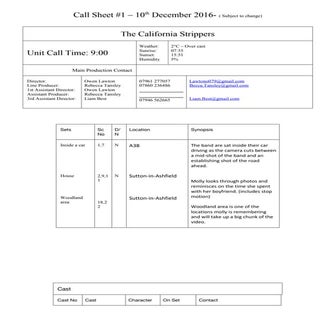 Call sheet- Music Video