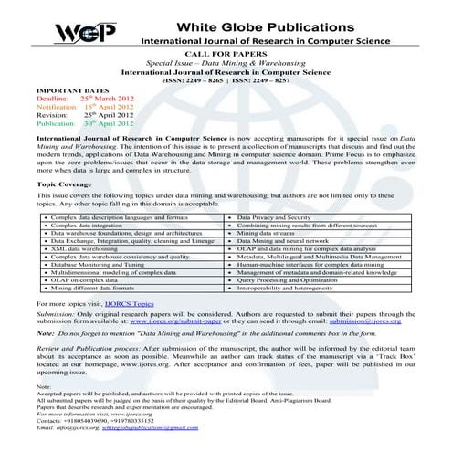 Call for papers - Data Mining & Warehousing (IJORCS) Special issue | PDF