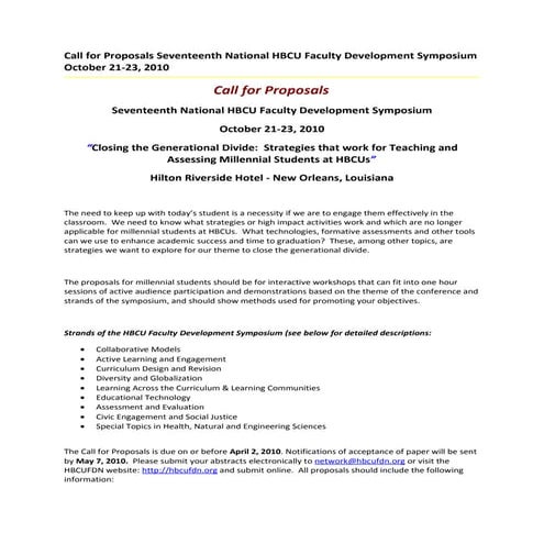 Call For Proposals Seventeenth National Hbcu Faculty Development Symposium Oc...