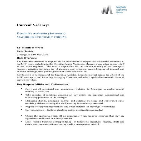 Executive Assistant job profile - MEF