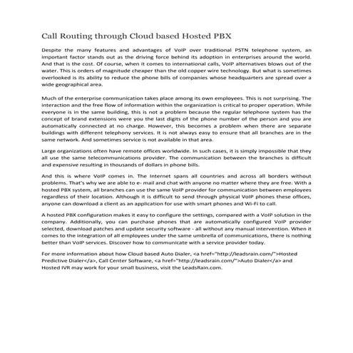 Call routing through cloud based hosted pbx