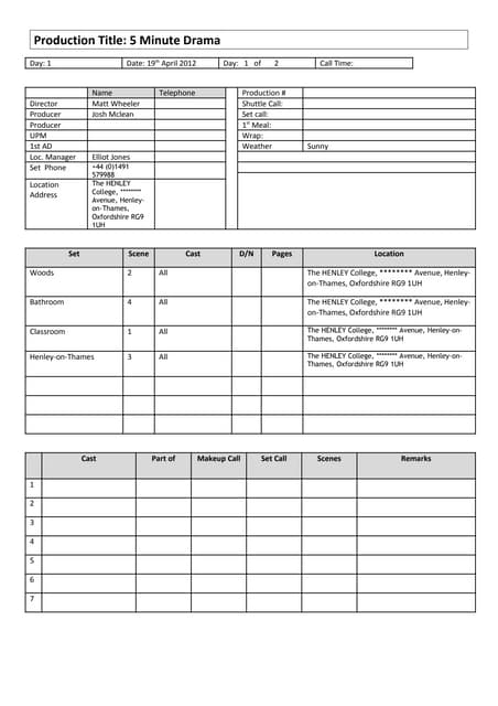 Call sheet PDF Call sheet PDF
