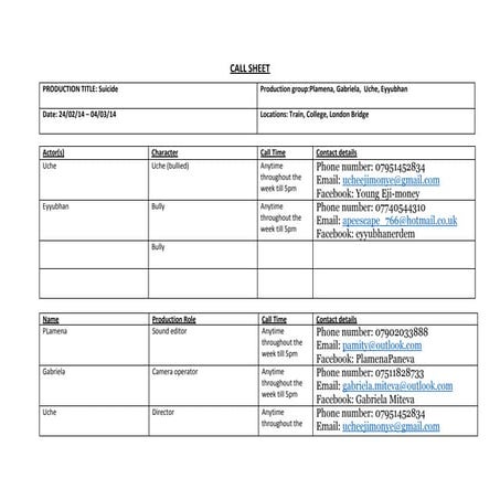 Call Sheet