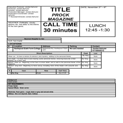 Flash Back Call Sheet | DOCX