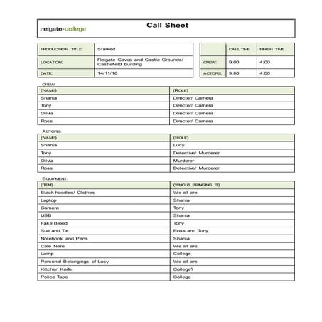 Call sheet