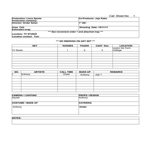 Call sheet