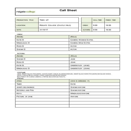 Call sheet | DOC
